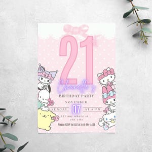 Kawaii Kitty und Freunde Geburtstagseinladung digitaler Download bearbeitbare Vorlage Geburtstagsparty einladen Kinder Feier Thema Einladungen