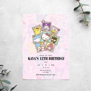Invito di compleanno kawaii con gattino e amici, download digitale, modello modificabile, invito per festa di compleanno, inviti a tema per feste per bambini