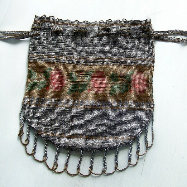 Antique French Steel beaded bag pouch drawstring