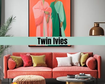 Twin Ivies – Digital Art Print – AKA Inspired Pink and Green Wall Decor