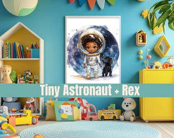 Tiny Astronaut and Rex – Digital Art Print – Child and Puppy Art Print