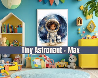 Tiny Astronaut and Max– Digital Art Print – Child and Puppy Art Print
