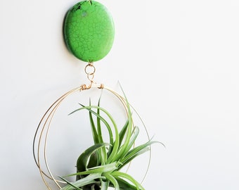 Hanging Planter, Air Plant Holder, Plant Decor, Green Magnesite, Wall Planter, Gold and Green, Gift for Artist, Free Shipping