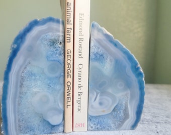 Blue Agate Geode Bookends, Book Display, Blue and White Decor, Crystals Housewarming Gift, Free Shipping