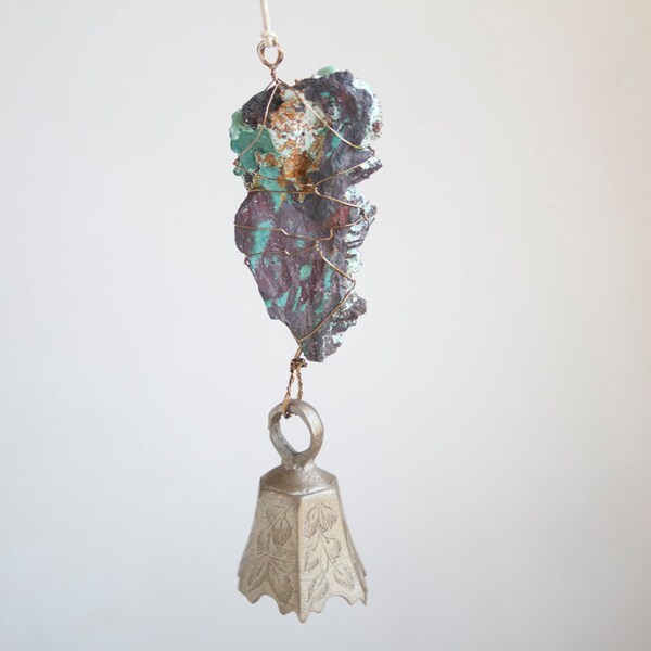 Boho Wind Chime, Door Chimes, Vintage Brass Bell and Apache Chrysocolla, Boho Decor, Beautiful Sound, Gypsy Bell, Hippie Bells