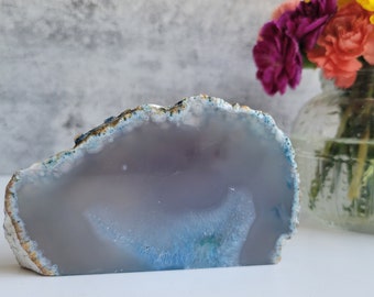 Natural Minimalist Decor, Agate Slab, Gray and Blue, Standing Polished Cut Base, Calming Hygge Decor, House Warming Gift, Free Shipping