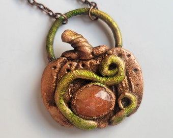Large Pumpkin Pendant, Electroformed Jewelry, One of a Kind, Cottagecore, Copper and Sunstone, Witchy Gift, Goblincore, Witchcore