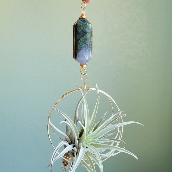 Hanging Planter, Wall Decor, Moss Agate Air Plant Holder, Gardening Gift with Crystals, Boho Decor, Jewelry For Your Plants