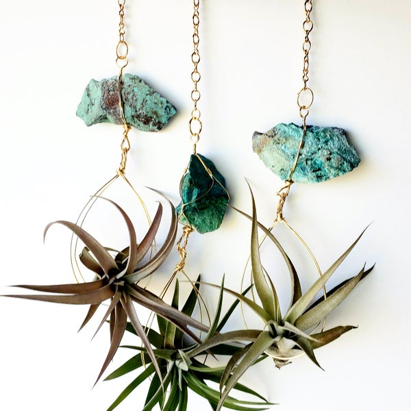 Air Plant Holder, Natural Boho Decor, Chrysocolla Crystal Airplant Planter, Turquoise and Gold Color, Self Care Gift, Goddess Energy