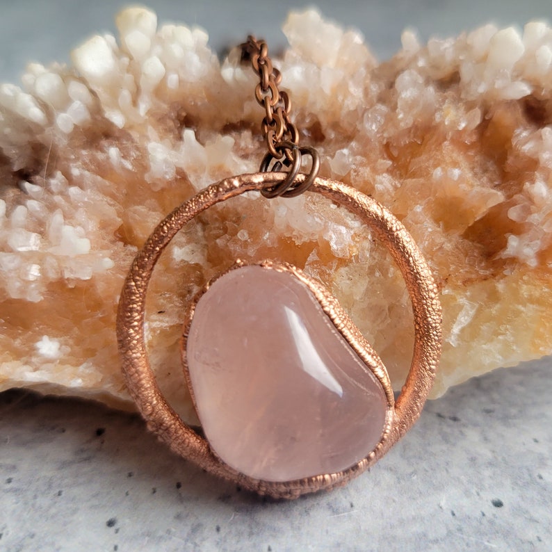Electroformed Rose Quartz Pendant, Copper and Crystal Necklace, Modern Jewelry, With Chain, Gift for Her Under 50, Free Shipping image 10