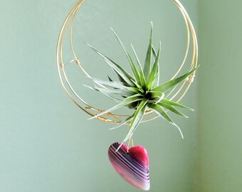 Gift for Her, Indoor Planter for Air Plants, Candy Core Agate Heart, Hanging Air Plant Holder, Crystal Decor, Free Shipping