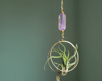 Amethyst Air Plant Holder, Hanging Air Plant Nest, Maximalist Decor, Housewarming Gift, Free Shipping, Airplant And Crystal Wall Decor