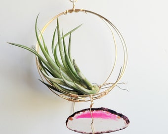 Air Plant Holder With Pink Agate Slice, Hanging Planter, Plant Gift Under 30, Boho Dorm Decor, Free Shipping, Gift For Her, Small Space