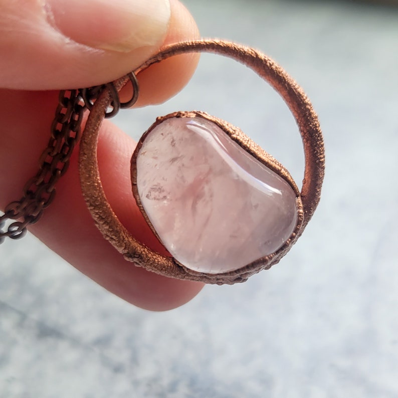 Electroformed Rose Quartz Pendant, Copper and Crystal Necklace, Modern Jewelry, With Chain, Gift for Her Under 50, Free Shipping image 8