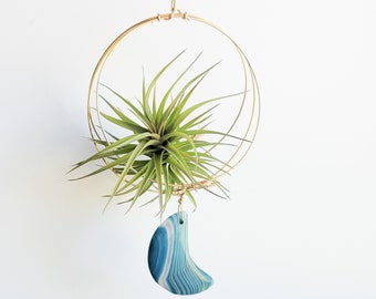 Celestial Air Plant Holder, Hanging Planter, Blue and White Decor, Blue Moon, Gardening Gift, Agate Half Moon, Free Shipping