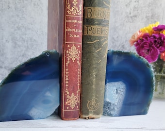 Agate Geode Bookends, Deep Blue, Book Display, Natural Decor, Crystals Housewarming Gift, Free Shipping