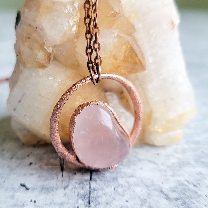Electroformed Rose Quartz Pendant, Copper and Crystal Necklace, Modern Jewelry, With Chain, Gift for Her Under 50, Free Shipping image 3