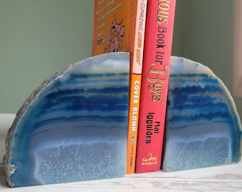 Agate Bookends, Blue and Gray Stripes, Boho Bookends, Gift For Him, Office Decor, Gift For Rock Lover, Boho, Desert Style, Free Shipping
