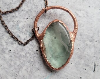 Sea Green Fluorite Pendant With Chain, Electroformed Copper Necklace, Contemporary Crystal Jewelry, With Chain, Gift Under 30, Free Shipping