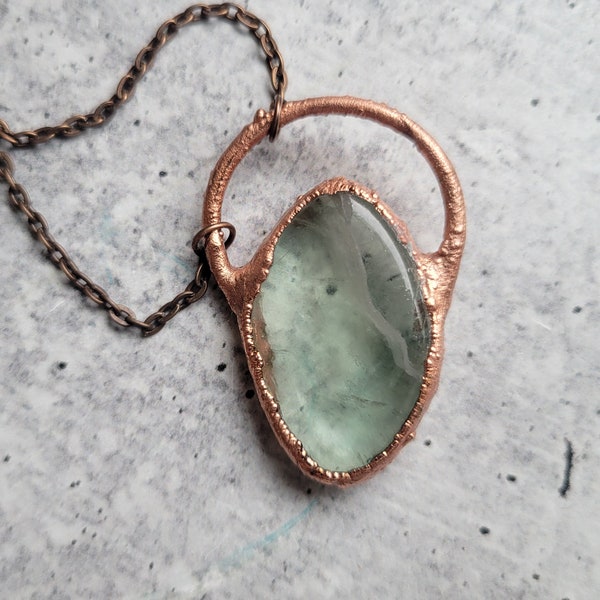 Sea Green Fluorite Pendant With Chain, Electroformed Copper Necklace, Contemporary Crystal Jewelry, With Chain, Gift Under 30, Free Shipping