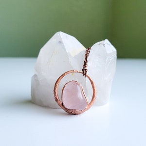 Electroformed Rose Quartz Pendant, Copper and Crystal Necklace, Modern Jewelry, With Chain, Gift for Her Under 50, Free Shipping image 1