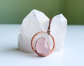 Electroformed Rose Quartz Pendant, Copper and Crystal Necklace, Modern Jewelry, With Chain, Gift for Her Under 50, Free Shipping