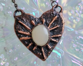 Copper Heart Pendant with Moonstone, Electroformed Jewelry, One of a Kind, Witchy Gift, Goblincore, Witchcore