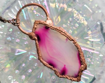 Pink Agate Pendant, Copper and Crystal Necklace, Boho Candy Core, Electroformed, , Gift Under 25, Free Shipping, Layering Necklace