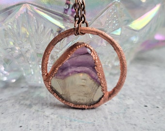 Purple Fluorite Pendant, Copper and Crystal Necklace, Modern Jewelry, Electroformed, With Chain, Gift Under 25, Free Shipping