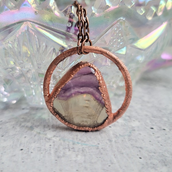 Purple Fluorite Pendant, Copper and Crystal Necklace, Modern Jewelry, Electroformed, With Chain, Gift Under 25, Free Shipping