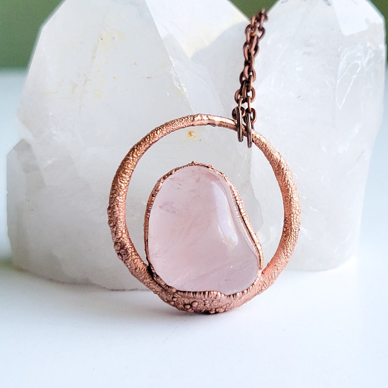 Electroformed Rose Quartz Pendant, Copper and Crystal Necklace, Modern Jewelry, With Chain, Gift for Her Under 50, Free Shipping image 2