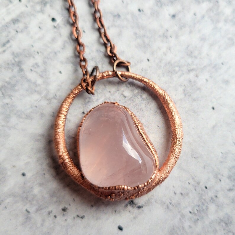 Electroformed Rose Quartz Pendant, Copper and Crystal Necklace, Modern Jewelry, With Chain, Gift for Her Under 50, Free Shipping image 7