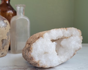 Large Calcite Half Geode, Boho Dorm Decor, Desk Accessory, Gift For Friend, White Crystal, Gift Under 50