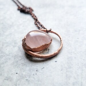 Electroformed Rose Quartz Pendant, Copper and Crystal Necklace, Modern Jewelry, With Chain, Gift for Her Under 50, Free Shipping image 4