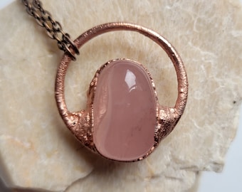 Rose Quartz Pendant, Copper and Crystal Necklace, Modern Jewelry, Electroformed, With Chain, Gift for Her Under 50, Free Shipping