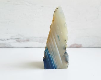 Natural Minimalist Decor, Agate Slab, Peak, Tan and Blue, Standing Polished Cut Base, Calming Hygge Decor, House Warming Gift, Free Shipping