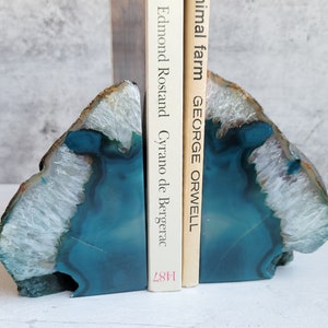 Dark Teal Agate Bookends, Moody Natural Decor, Dark Academia, Boho Style, House Warming Gift, Free Shipping