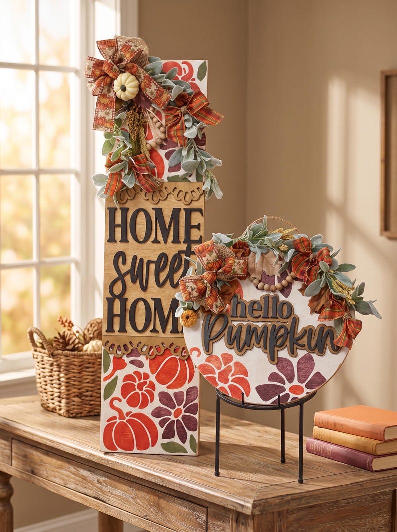 Peut inclure: Un panneau rectangulaire en bois avec le texte HOME sweet HOME et un panneau rond avec le texte hello Pumpkin. Les deux pr&eacute;sentent des motifs de citrouilles et de fleurs orange et violettes, orn&eacute;s de n&oelig;uds en tissu, de feuillage et de citrouilles.