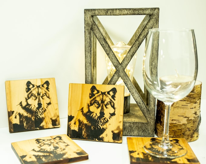Featured listing image: wood coasters, wolf coasters, square wood coasters, wolves, wolf lovers, set of 4 coasters, coasters, laser engraved coaster set,