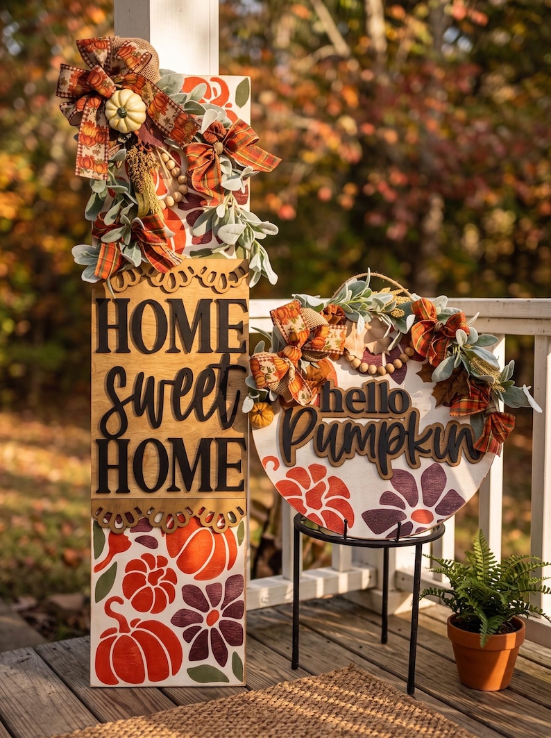 Peut inclure: Un panneau en bois rectangulaire haut avec le texte HOME sweet HOME et un panneau rond en bois avec le texte hello Pumpkin. Les deux panneaux pr&eacute;sentent des motifs de citrouilles et de fleurs orange et violettes, des n&oelig;uds en toile de jute.
