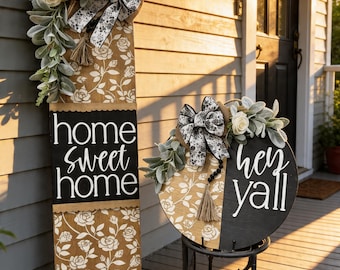 Southern Charm Porch Decor Set | Hey Y’all Door Hanger & Leaner | Farmhouse Front Porch Decor | Black and Wood Entryway Signs | Rustic Home