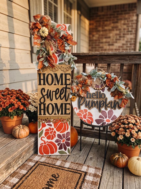 Fall Porch Decor Set | Pumpkin Door Hanger & Leaner Sign | Farmhouse Autumn Porch Decor | Layered Wooden Entryway Decor