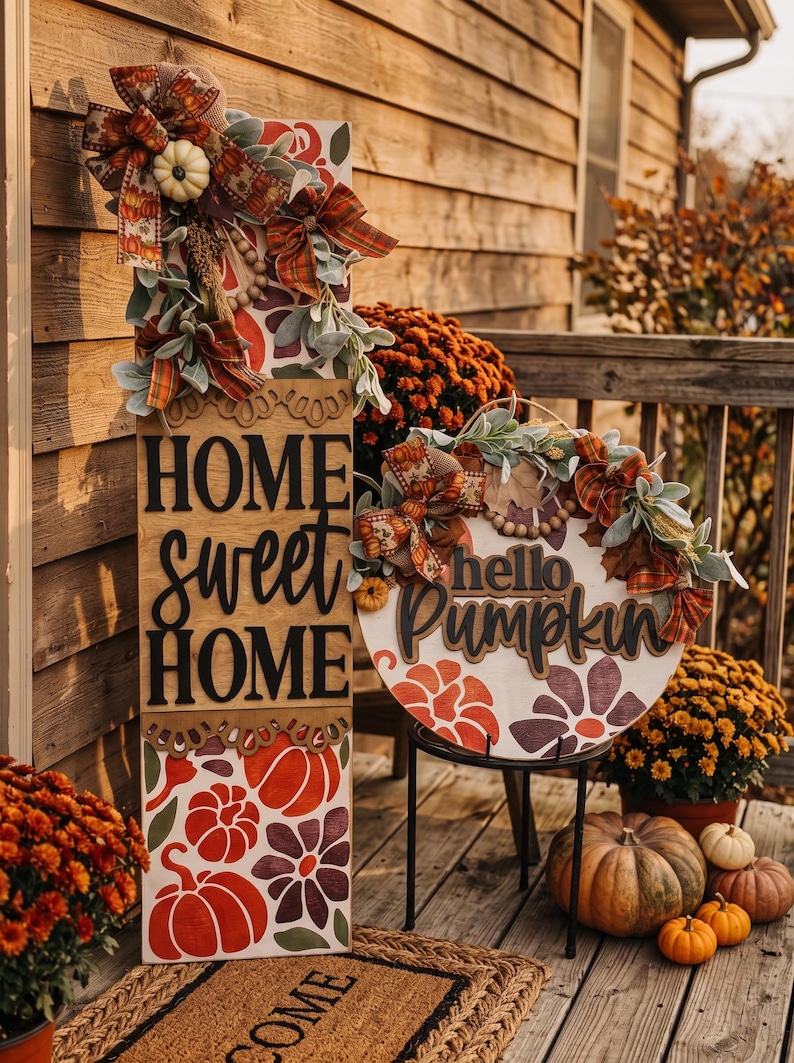 Peut inclure: Un grand panneau en bois rectangulaire avec le texte HOME sweet HOME et un panneau rond en bois avec le texte hello Pumpkin. Les deux panneaux pr&eacute;sentent des motifs de citrouilles et de fleurs peints en rouge et violet, des n&oelig;uds en tissu.