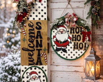 Christmas Porch Decor Set | Santa Door Hanger & Porch Leaner | Vintage Christmas Front Door Decor | Farmhouse Holiday Welcome Sign