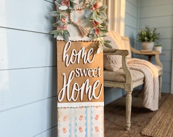 Pouf fleuri rose poudré | Panneau « Home Sweet Home » pour porche | Décoration de porche style cottage/ferme | Pouf en bois d'inspiration vintage | Entrée printemps/été
