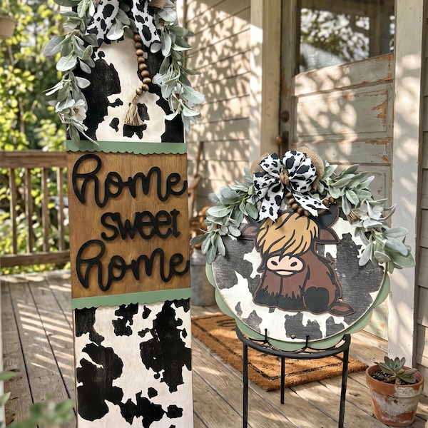 Farmhouse Cow Porch Decor Set | Highland Cow Door Hanger & Leaner Set | Home Sweet Home Porch Leaner | Rustic Farmhouse Front Porch Decor