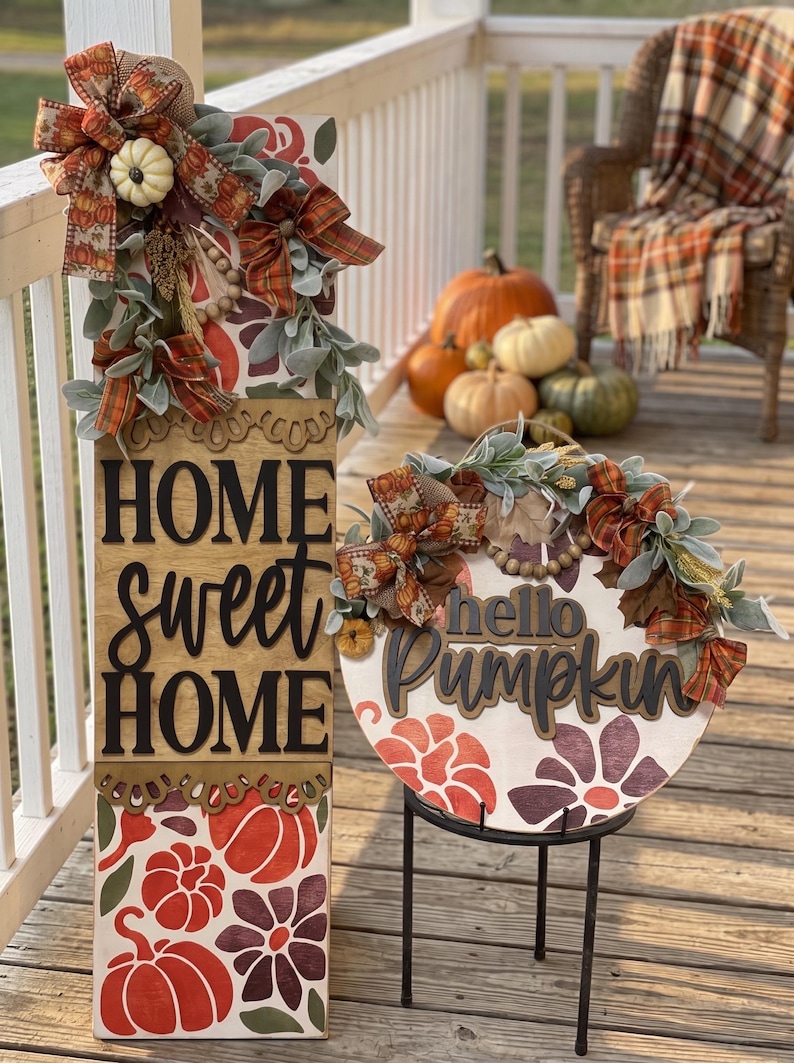 Ensemble de décoration d'automne pour porche | Décoration de porte citrouille et panneau à poser | Décoration d'automne pour porche de style ferme | Décoration d'entrée en bois superposé image 7