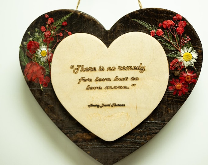 Featured listing image: laser engraved heart, heart door hanger, henry david thoureau quote, pressed flower heart, wall decor, heart wall hanger,