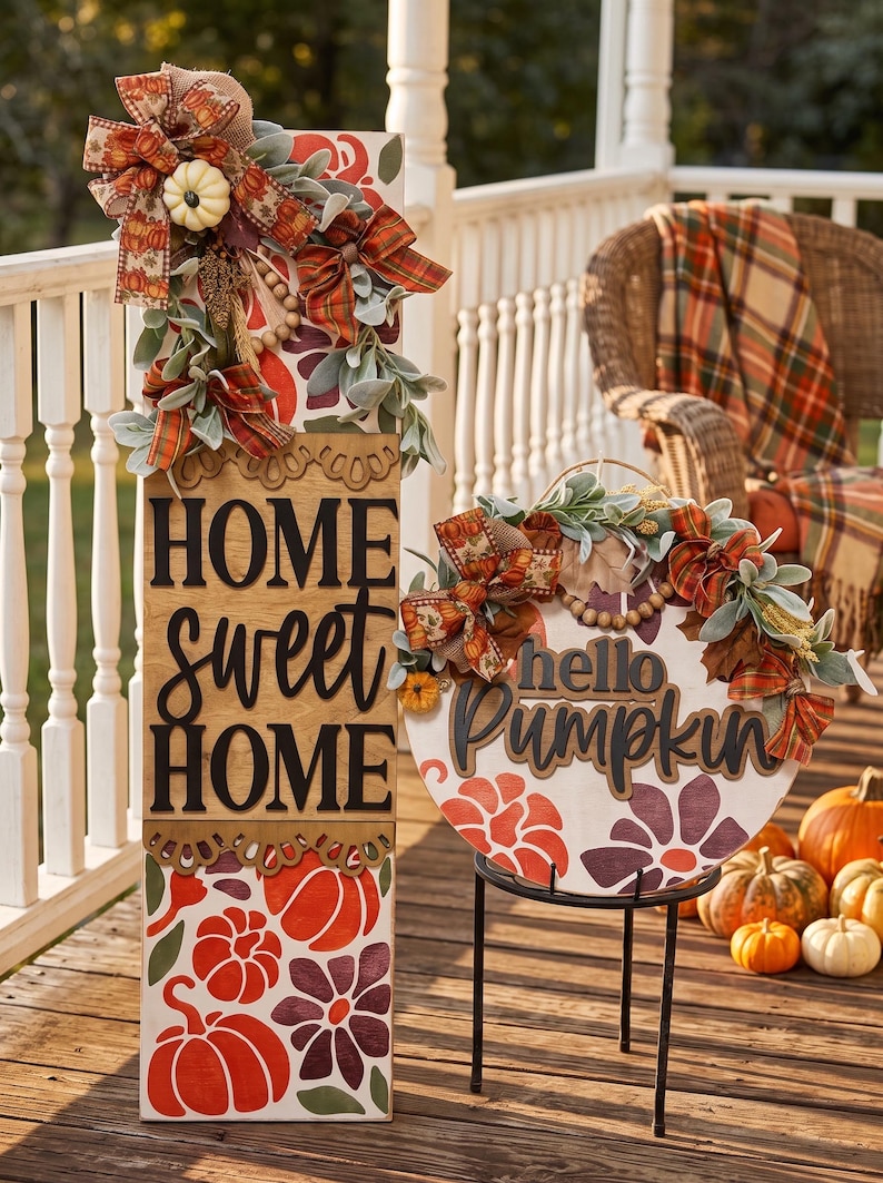 Peut inclure: Un grand panneau rectangulaire en bois avec le texte HOME sweet HOME et un panneau rond en bois avec le texte hello Pumpkin. Les deux panneaux pr&eacute;sentent des motifs de citrouilles et de fleurs orange et violettes, des n&oelig;uds et du feuillage.