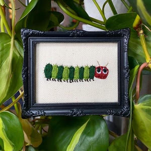 Caterpillar Hand Embroidery Art in Black Magnetic Miniature Rococo Frame, Whimsical Gift for Friends, Insect Lovers, Unique Home Decor